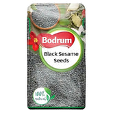 A 100g pack of Bodrum Black Sesame Seeds, labeled 100% natural, rich in protein and healthy fats, with a clear window revealing the black seeds inside.